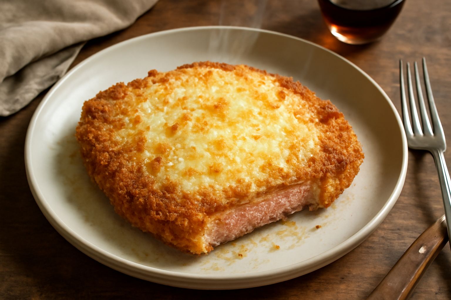 Cotoletta dorata e croccante in un piatto bianco, circondata da limone affettato sottile, con panatura visibile e brillantezza di olio extravergine, contorno di verdure crude o cotte sfumate sullo sfo