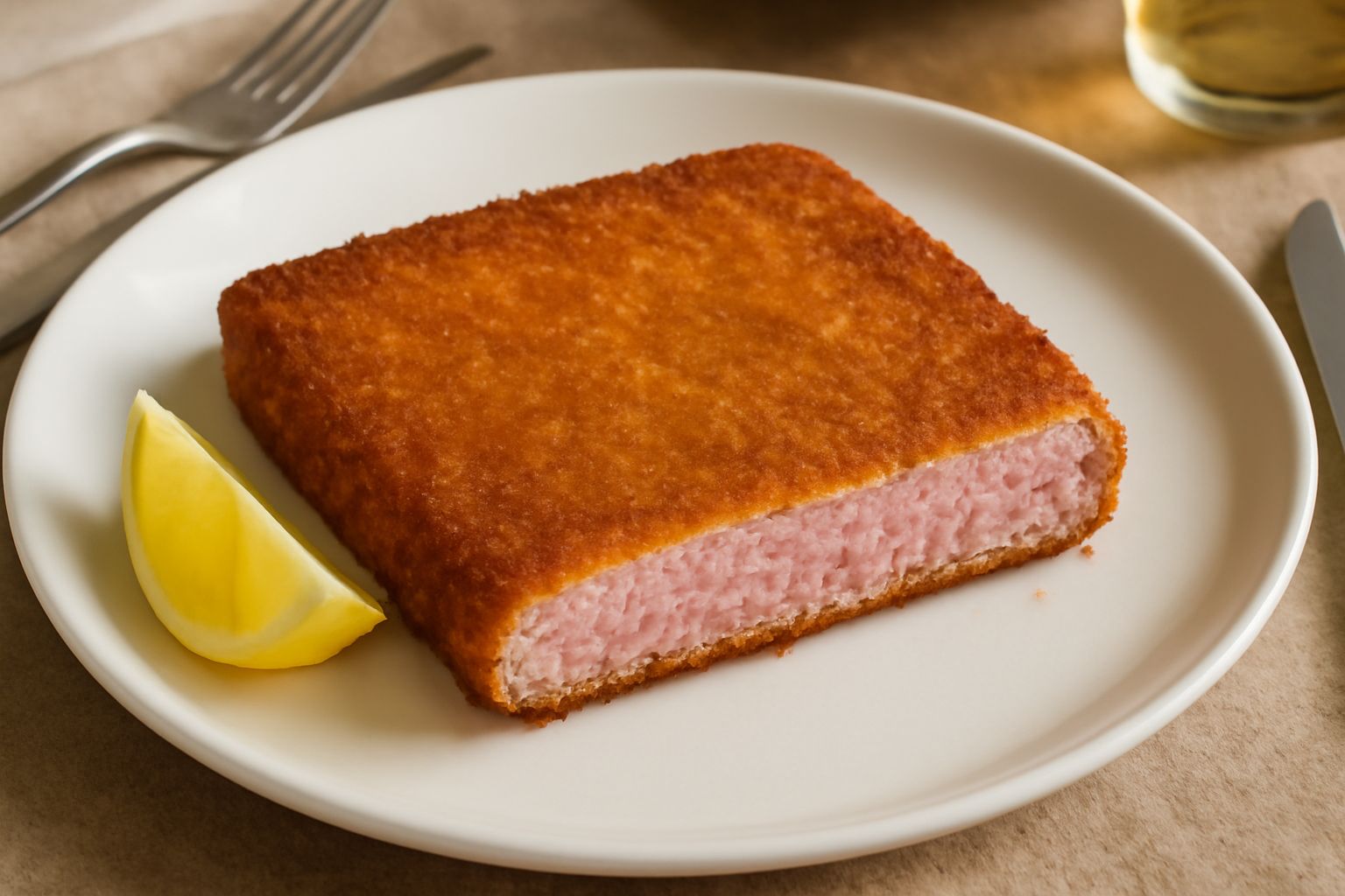 Cotoletta dorata e croccante servita su piatto bianco con limone fresco tagliato a spicchi e contorno di verdure verdi leggermente saltate