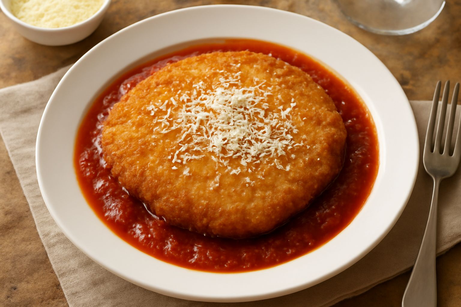 Cotoletta panata e dorata servita nel piatto con ragù rosso intorno, formaggio grattugiato in cima e contorno di verdure grigliate sfumate di giallo e marrone