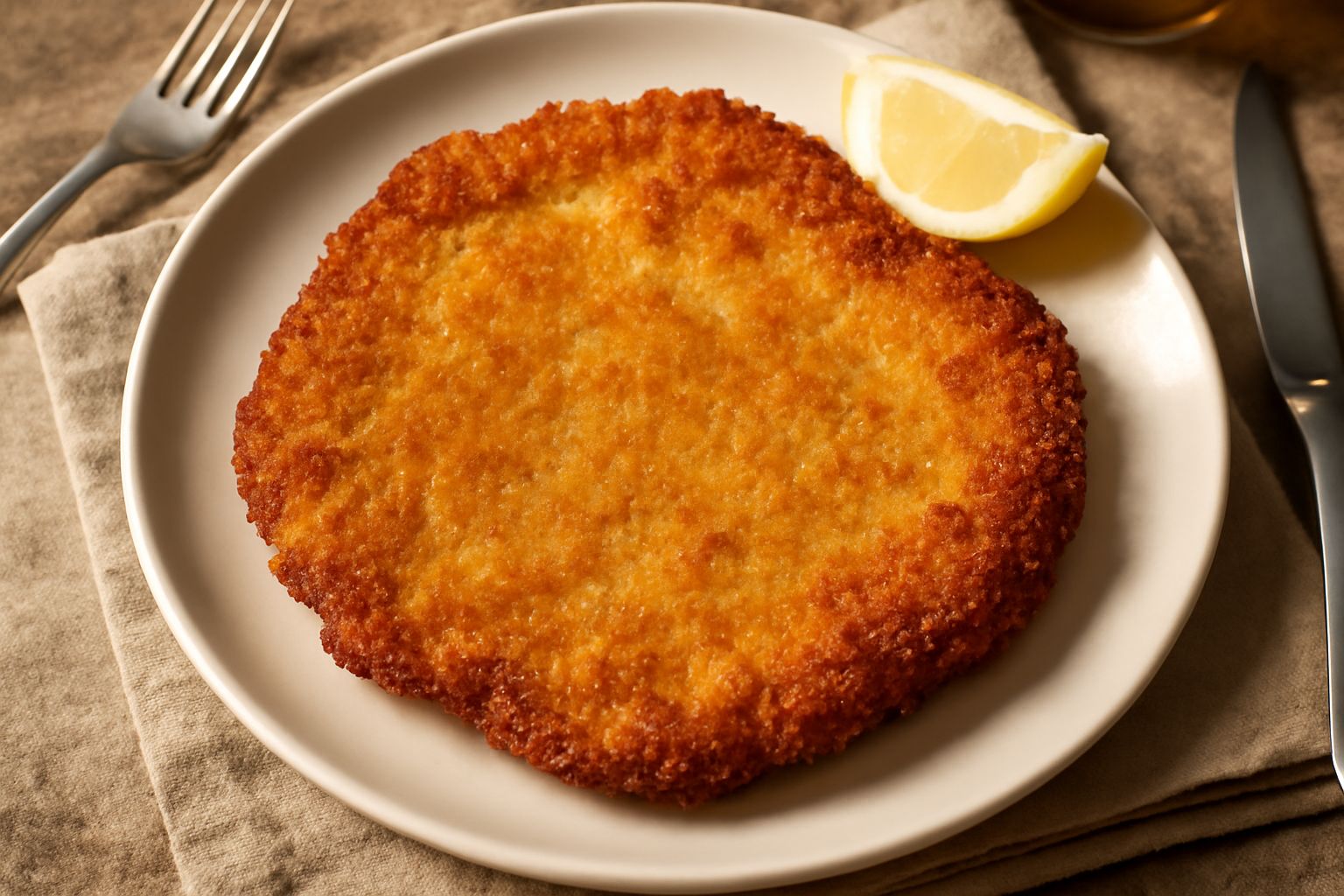 Una cotoletta dorata e croccante, rotonda e perfettamente impanata, adagiata su un piatto bianco con una fetta di limone fresco a lato e una guarnizione di prezzemolo
