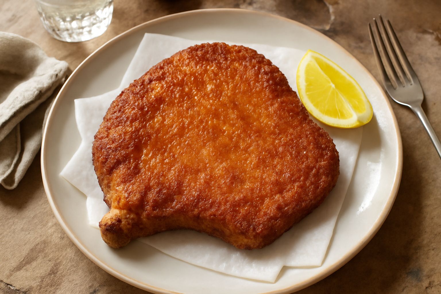 Una cotoletta fritta color oro dorato, croccante al bordo, adagiata su carta assorbente bianca con limone affettato sottile sul piatto accanto