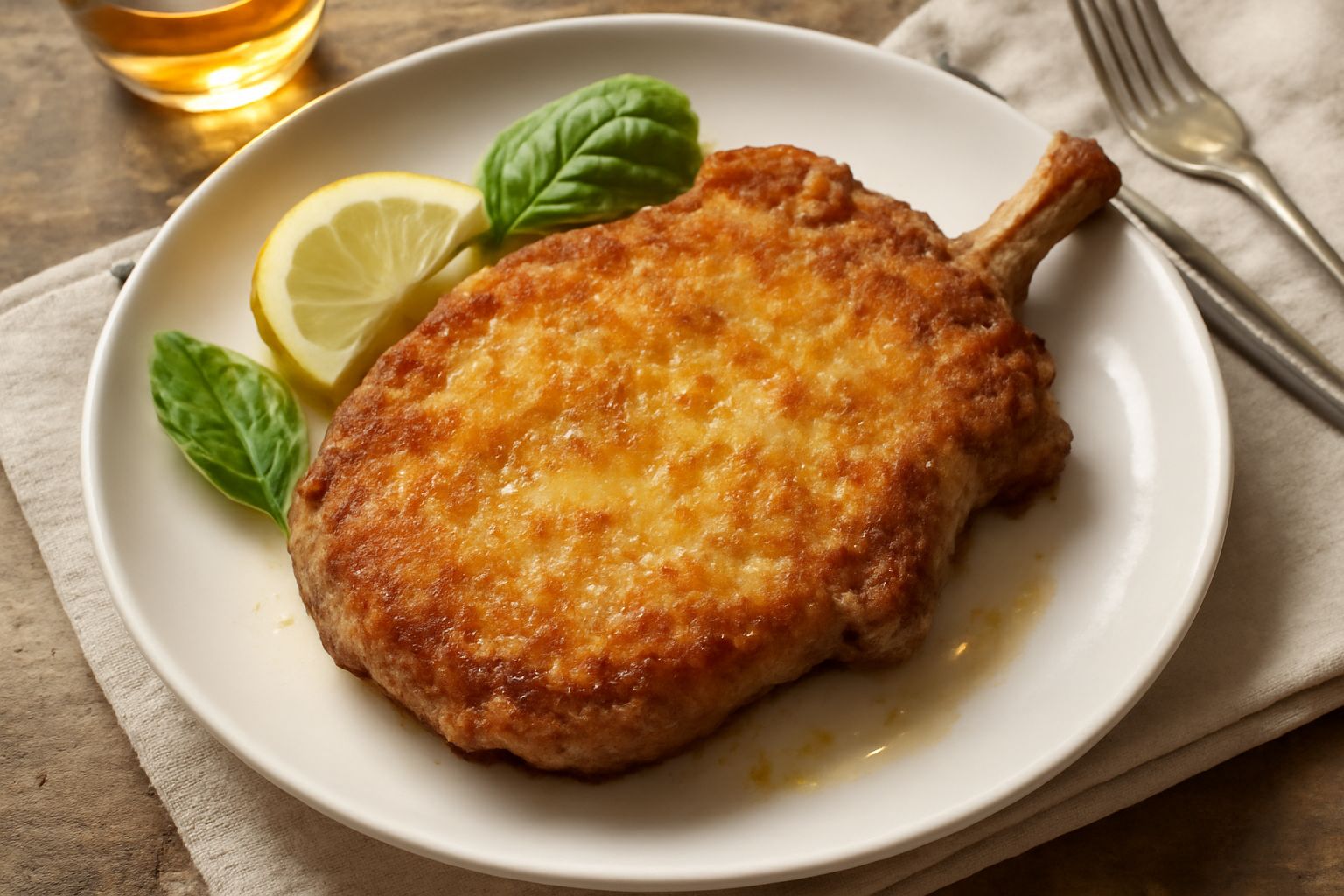 Cotoletta dorata e croccante su piatto bianco, con limone tagliato a spicchi, burro fuso nei bordi della carne, crosta color nocciola brillante sotto la luce, contorno di riso bianco vapore