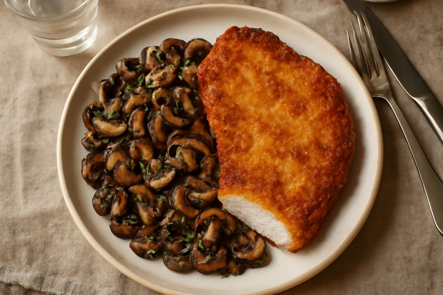 Cotoletta dorata e croccante su piatto bianco, accompagnata da funghi trifolati color marrone scuro, con prezzemolo fresco e limone a spicchi ai lati