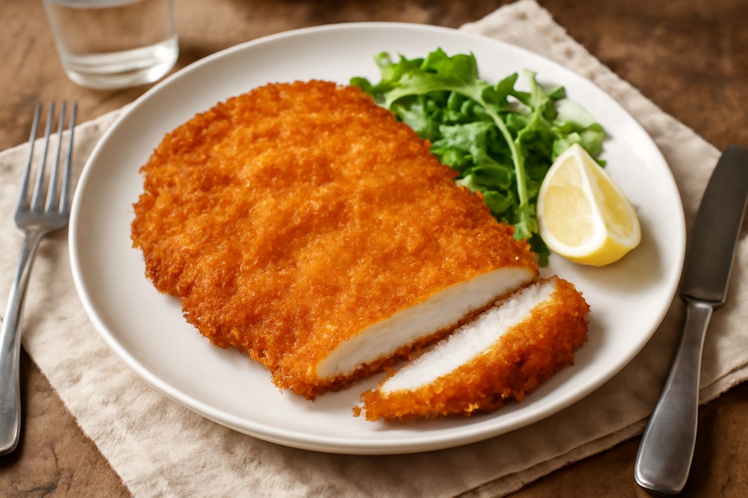 Cotoletta di pollo dorata e croccante servita nel piatto bianco, con limone tagliato a fette, contorno di insalata verde fresca e contorno di patate bollite, vista dall'alto leggermente inclinata
