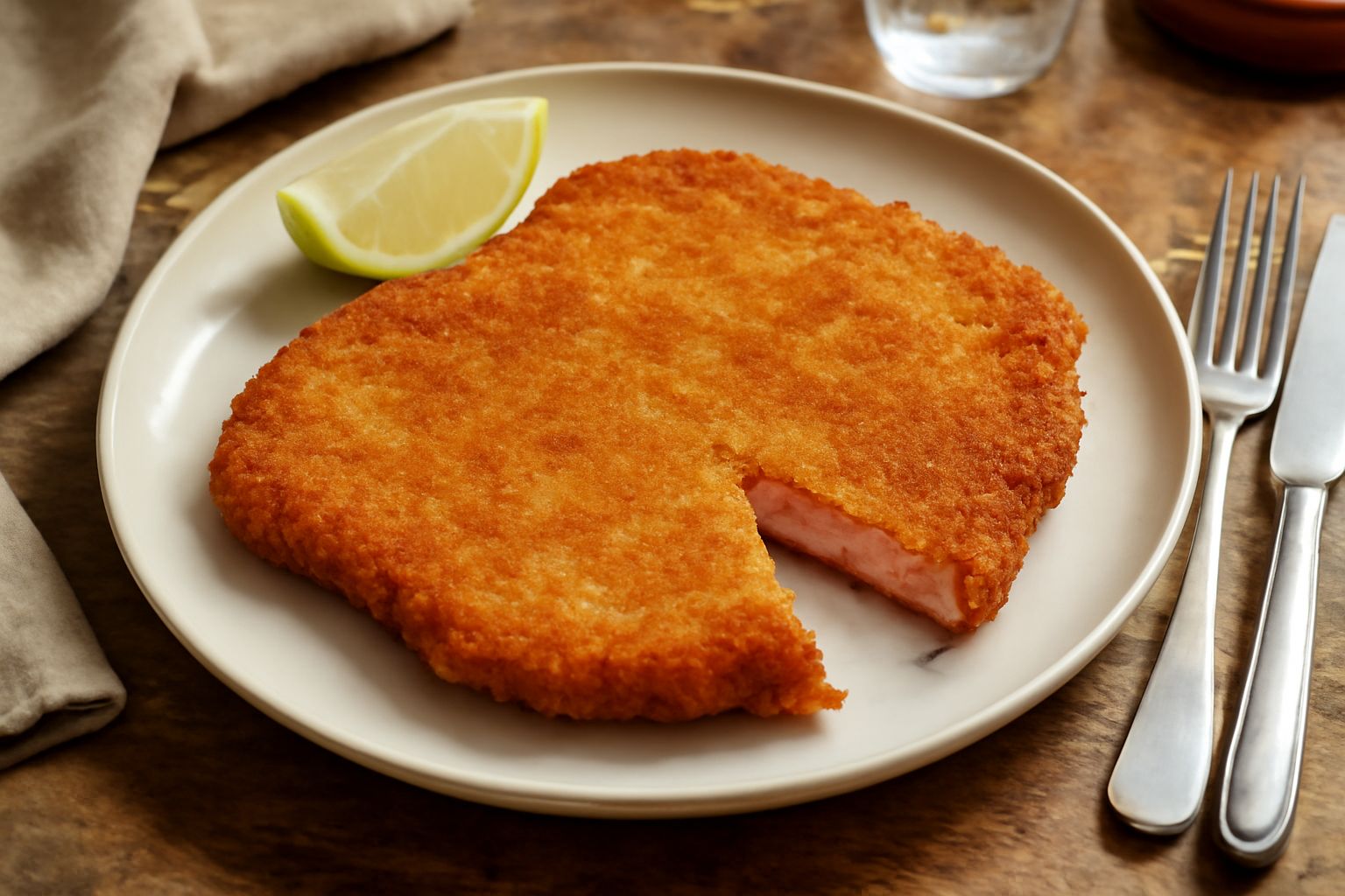 Una cotoletta di vitello dorata e croccante adagiata su un piatto bianco, accompagnata da spicchi di limone fresco e prezzemolo verde, la panatura uniforme color oro