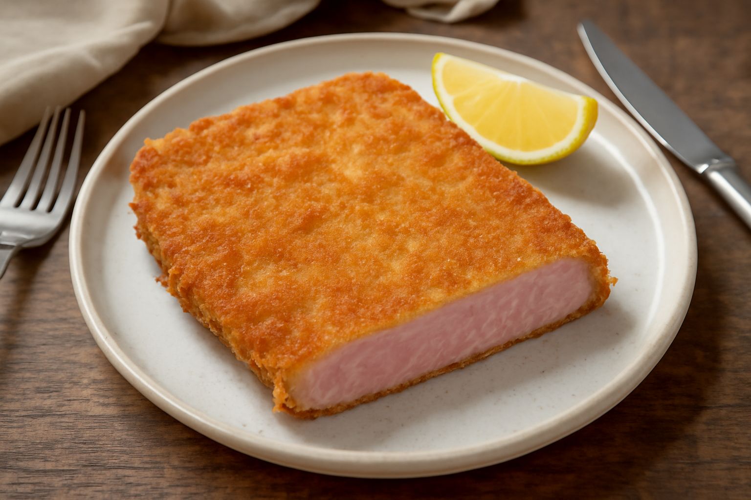 Una cotoletta di vitello dorata e croccante servita in un piatto bianco con contorno di limone fresco tagliato a spicchi, panatura visibile e brillante, carne rosata all'interno.