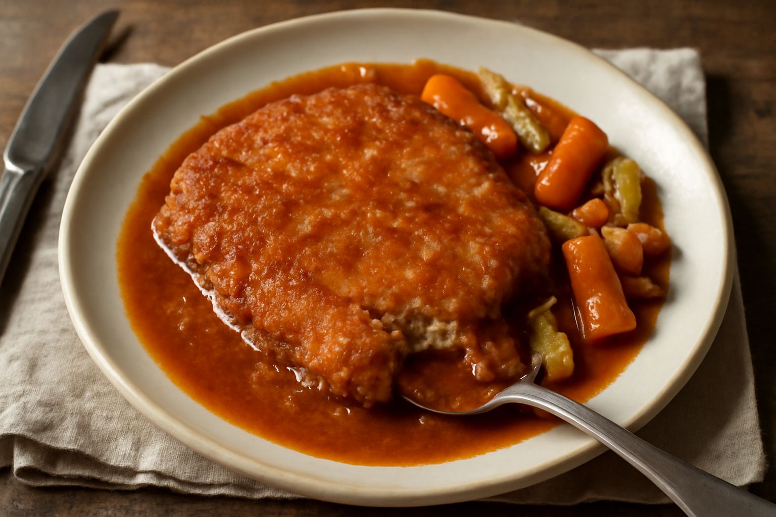 Cotoletta dorata in umido nel suo sugo, con pomodori e erbe aromatiche, impiattata su fondo bianco con contorno di verdure cotte