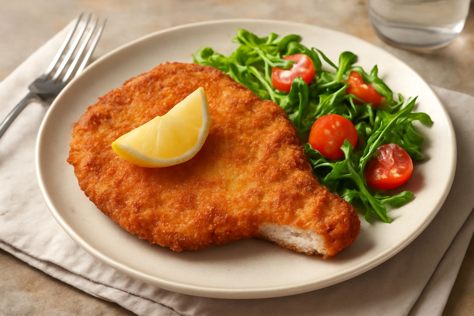 Due cotolette alla milanese dorate e croccanti appoggiate su carta assorbente, con limone affettato e un contorno di verdure crude a lato, piatto bianco