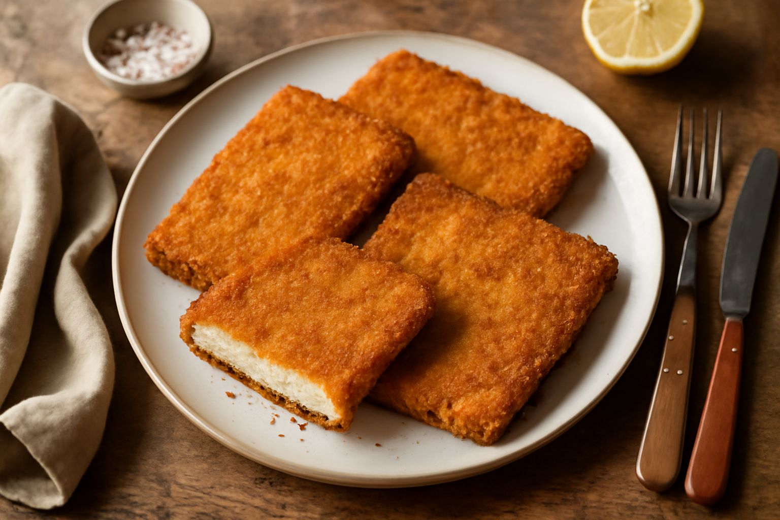 Tre cotolette dorate e croccanti disposte su un piatto bianco, filetti di limone fresco al lato, superficie del pane croccante visibile, vapore leggero, contorno di insalata mista verde