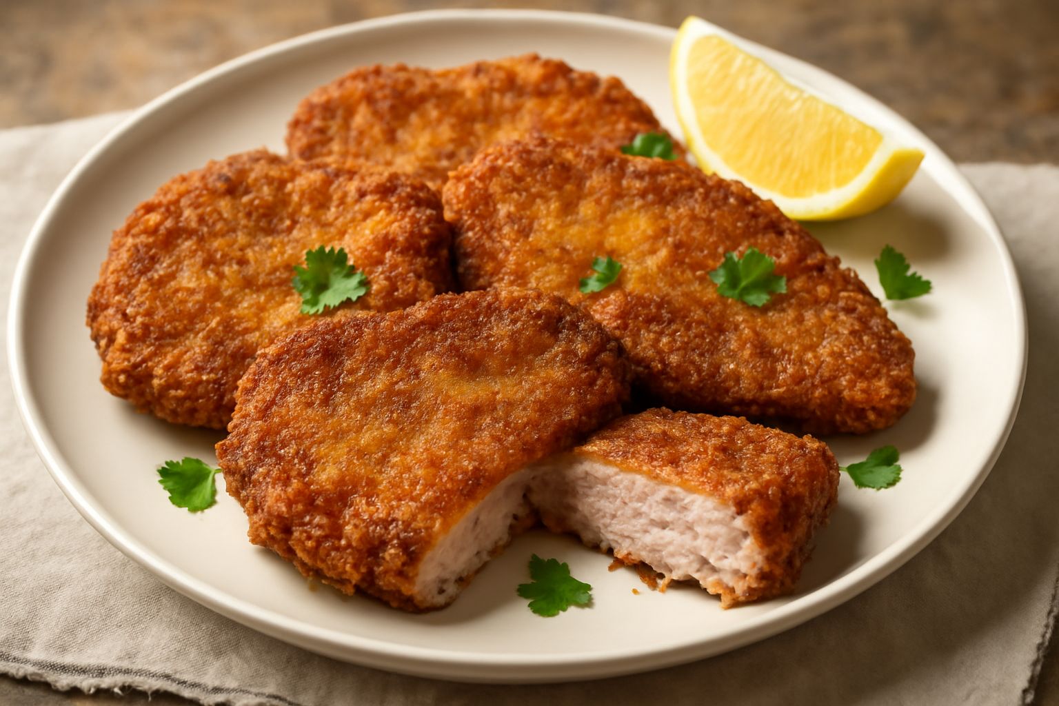 Tre cotolette dorate e croccanti in panatura, disposte nel piatto bianco con limone tagliato e prezzemolo fresco, olio luccicante sulla superficie