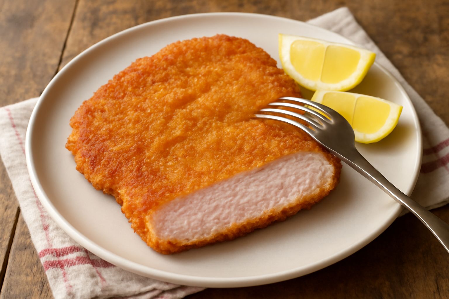 Tre cotolette di maiale dorate e croccanti appoggiate su un piatto bianco, con limone fresco e prezzemolo tritato; sfondo di carta da forno leggermente macchiata d'olio