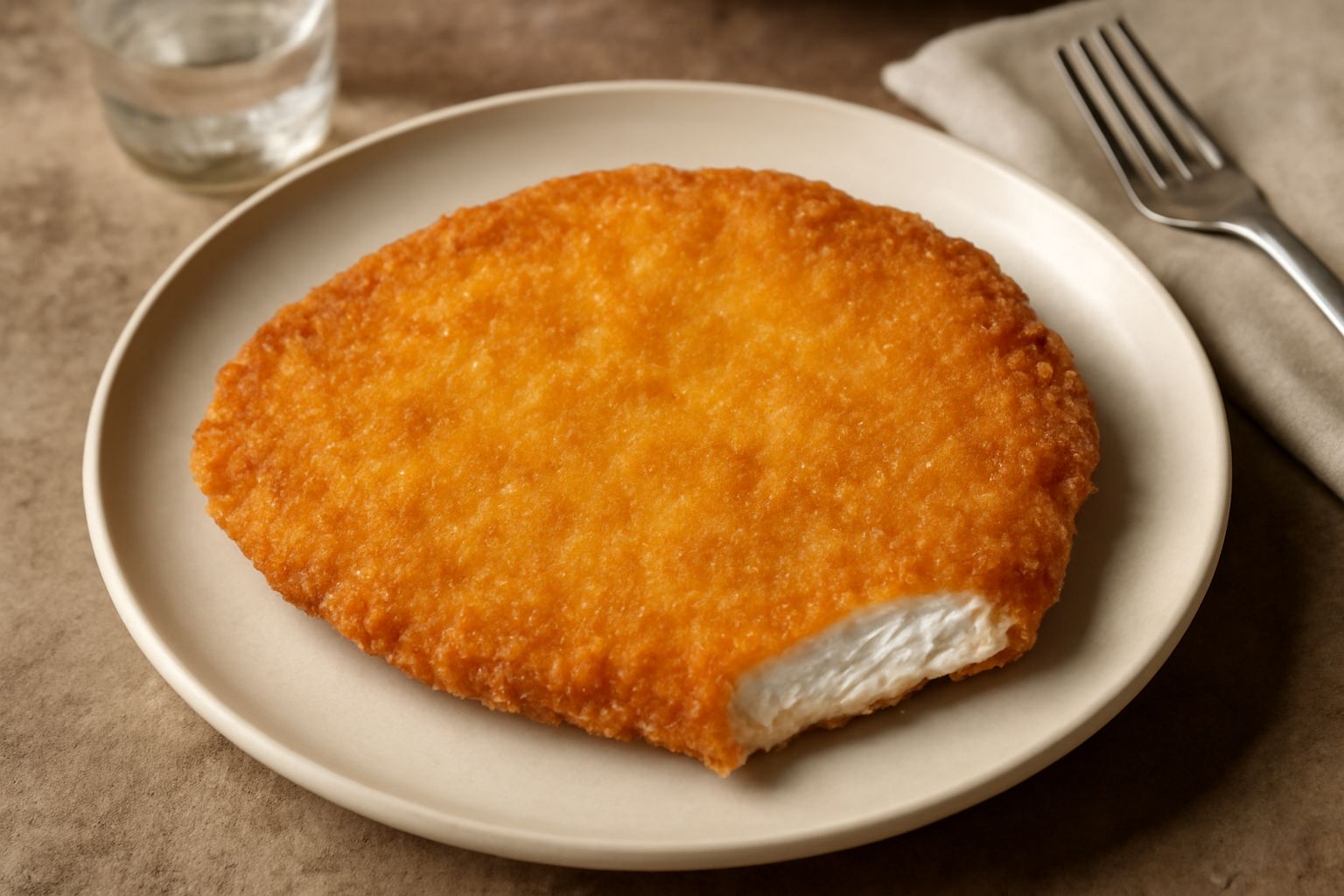 Due cotolette di vitella dorate e croccanti disposte su un piatto bianco con limone fresco affettato e prezzemolo verde, fondo sfumato in grigio chiaro