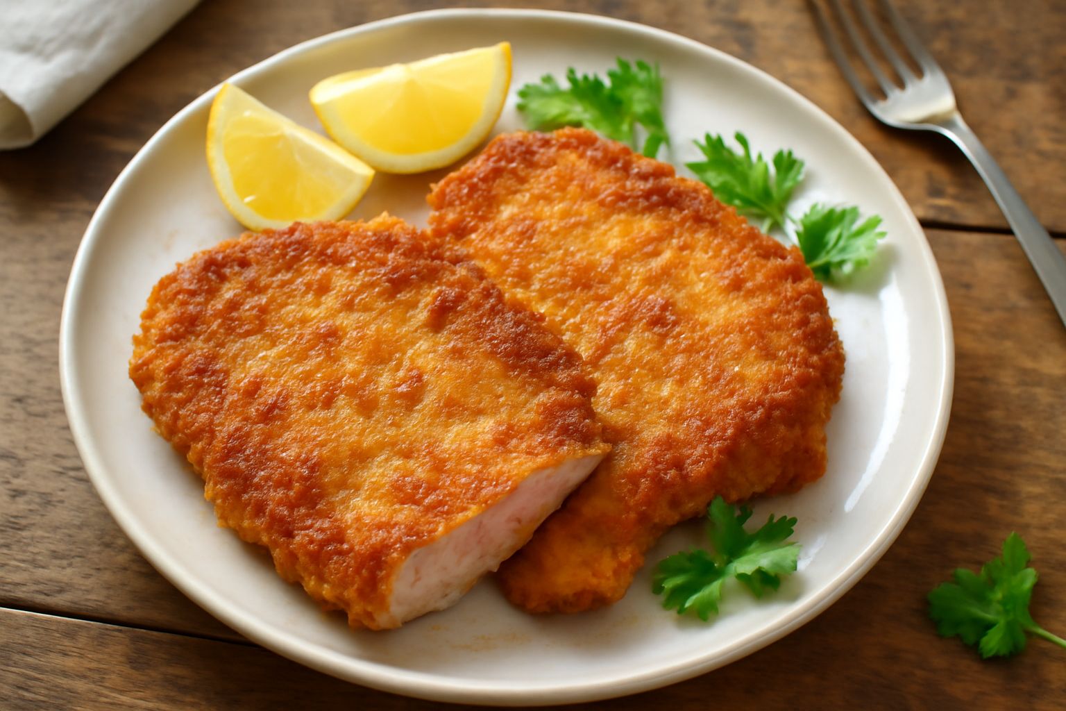 Due cotolette di vitello dorate e croccanti in un piatto bianco, servite con limone tagliato a spicchi e prezzemolo fresco, sfondo neutro