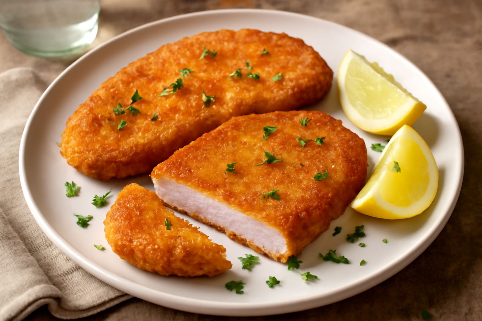 Tre cotolette dorate e croccanti in piatto bianco, con limone a spicchi e prezzemolo fresco; panatura color oro uniforme, una leggermente aperta che mostra la carne rosa e succosa all'interno