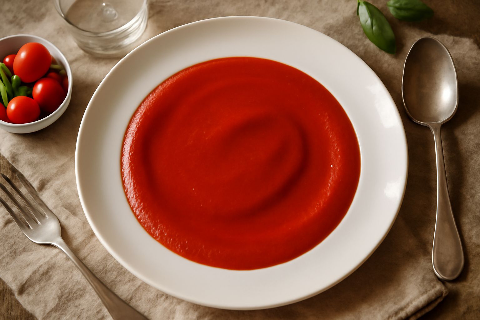 Coulis di pomodoro rosso brillante versato da una cucchiaia, cremoso e denso, su un piatto bianco con superficie liscia e lucida