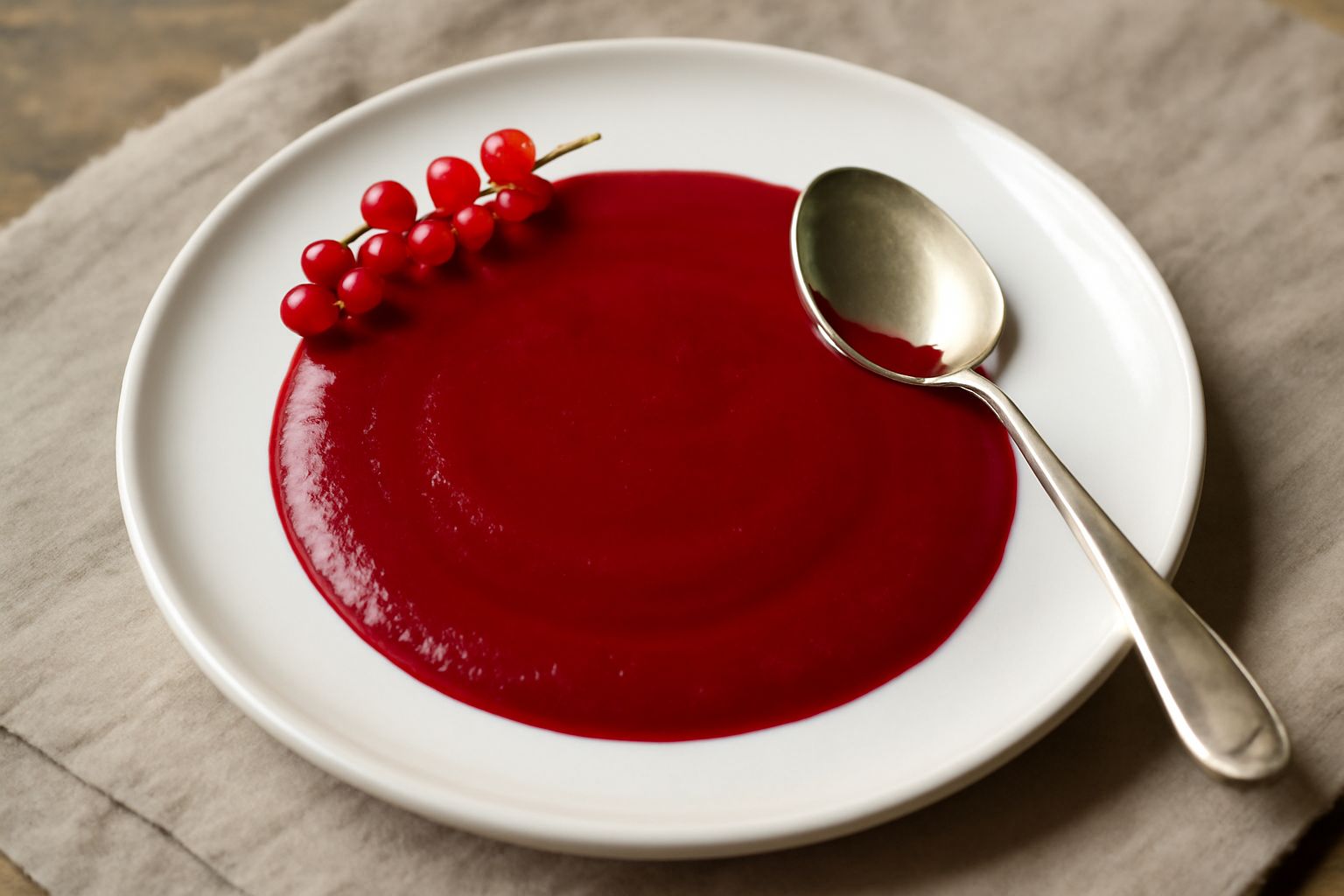 Coulis di ribes rosso brillante in un piccolo piatto bianco, con consistenza liscia e uniforme, una goccia che scivola verso il bordo, luce naturale che esalta il colore luminoso della salsa