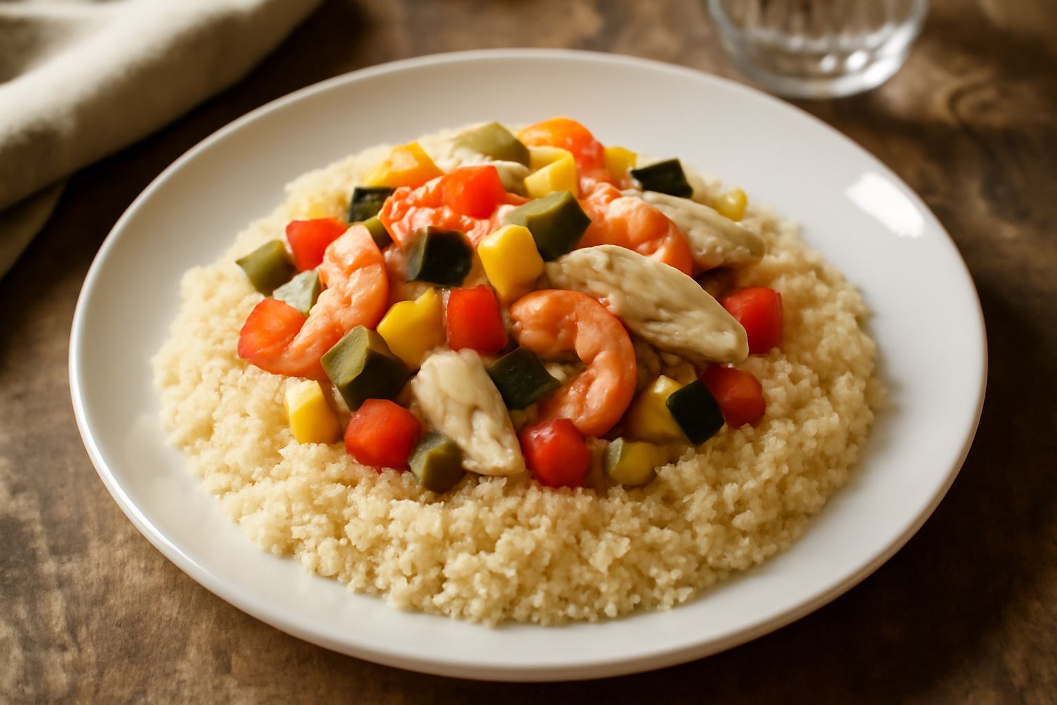Un piatto di cous cous bianco e giallogno con gamberi rosa, zucchine gialle tagliate a dadini, melanzane grigie, pomodori rossi, tutto ricoperto di cous cous soffice, guarnito con prezzemolo verde e l