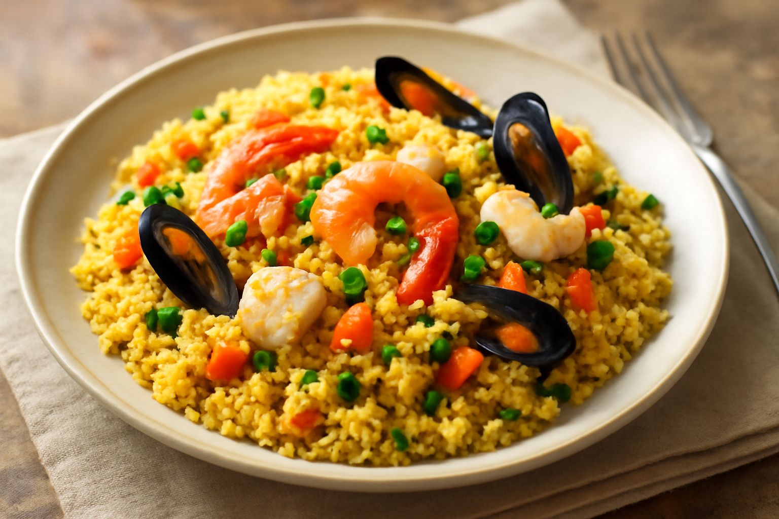 Piatto di couscous biondo dorato con gamberi rossi, pezzi di pesce bianco, cozze aperte e verdure colorate sparse in superficie, condito con olio e limone, servito su un piatto bianco con contorno di 