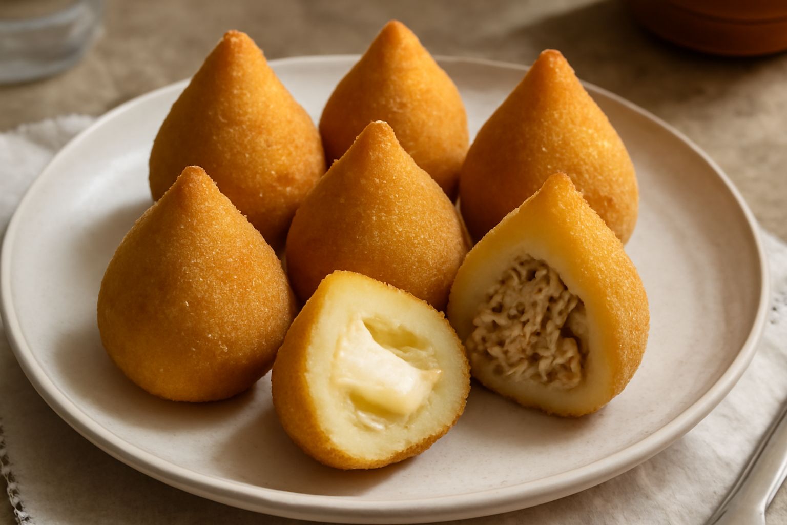 Coxinzas dorate a forma di goccia, disposte su un piatto bianco con dentro una salsa rossa, con una mortadella di formaggio fuso visibile in una sezione tagliata