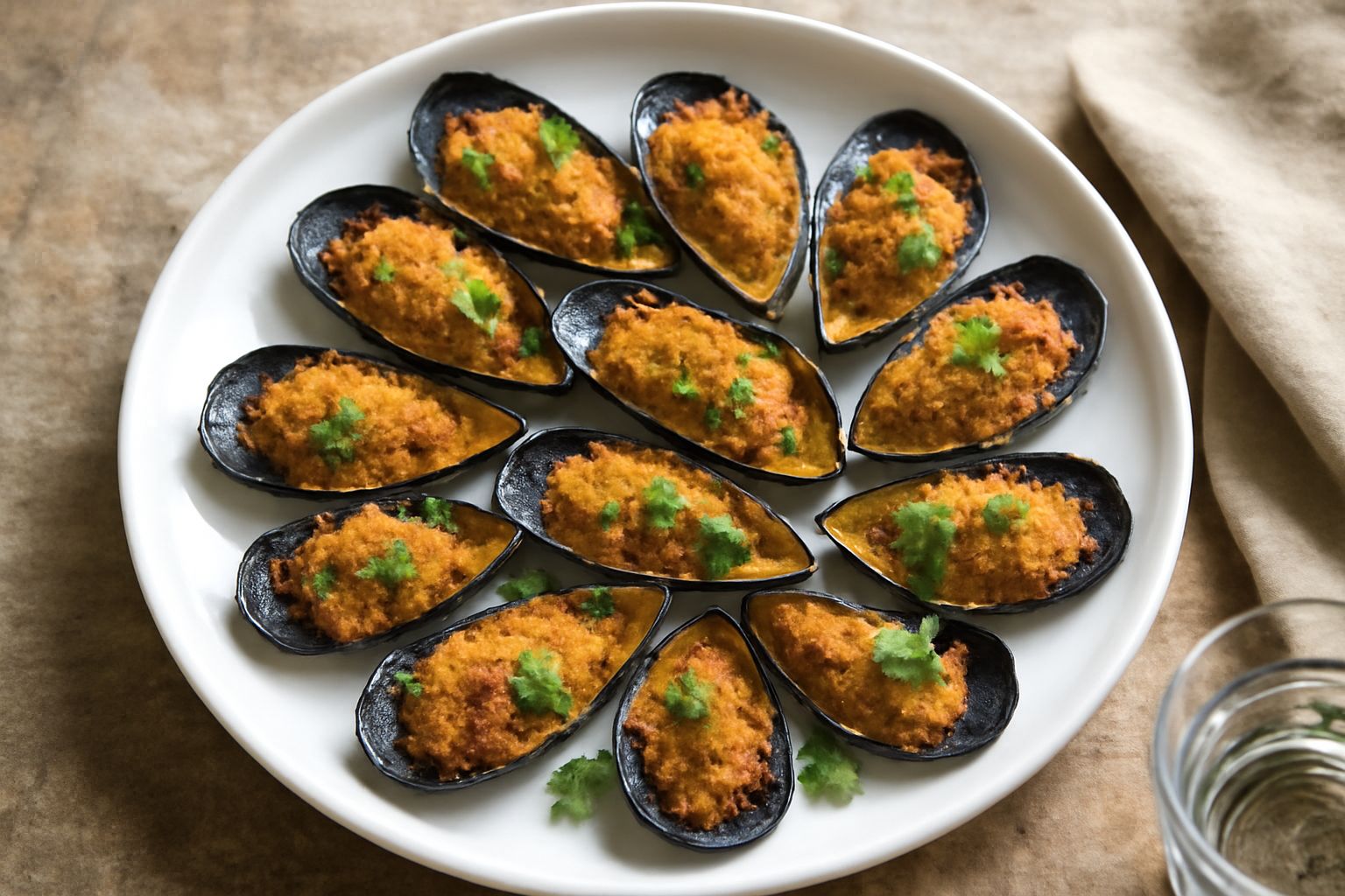 Cozze al forno in una teglia bianca, con pangrattato dorato e prezzemolo fresco, gocce d'olio visibile sulla superficie, limone fresco accanto