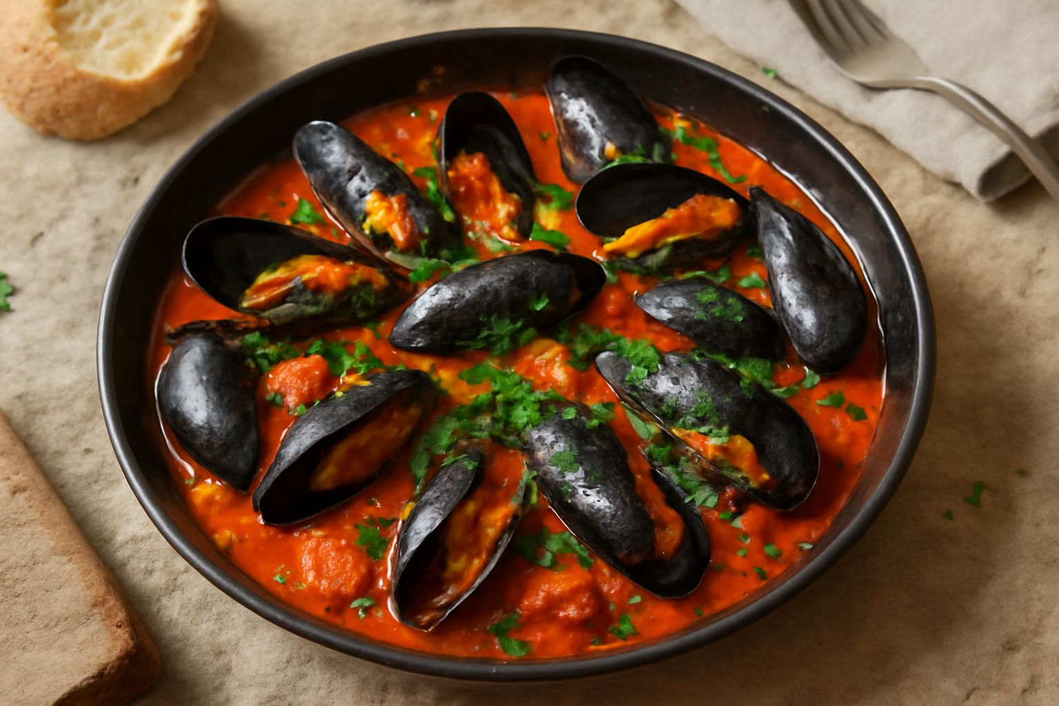 Cozze aperte nere lucide in una padella larga con sugo rosso di pomodoro, prezzemolo verde tritato in superficie, aglio dorato visibile, servite su piatto bianco con pane tostato ai bordi