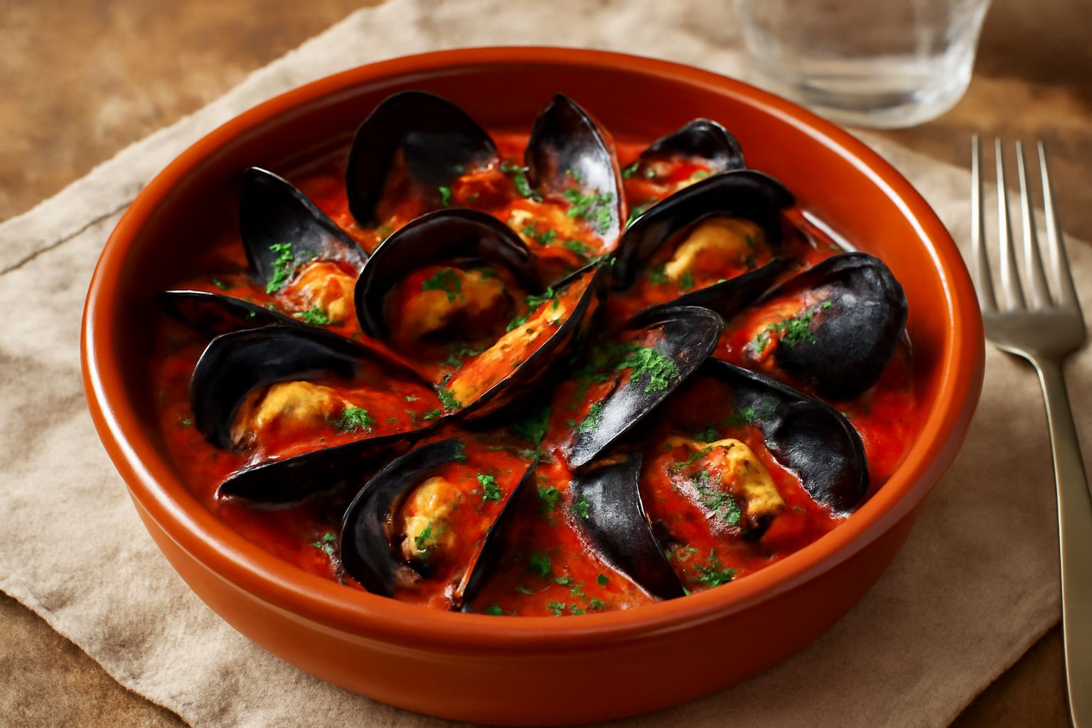 Cozze nere aperte fumanti in un tegame di ceramica bianca con salsa di pomodoro rosso brillante, prezzemolo verde in superficie, pane tostato accanto
