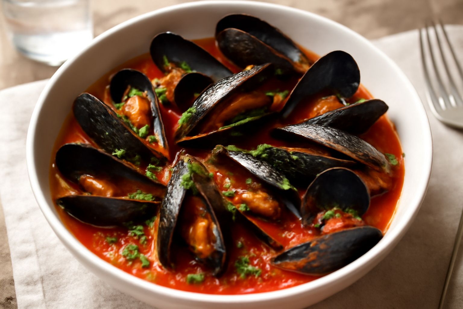 Cozze aperte in bianco e azzurro servite in una ciotola di ceramica bianca, ricoperte di sugo rosso di pomodoro, aglio e prezzemolo verde, vapore che sale dal piatto