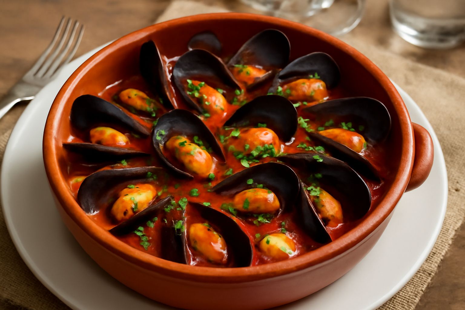 Cozze aperte di color blu scuro e arancio schierate nella pignata di terracotta rossa con sugo rosso di pomodoro, fili di prezzemolo verde, spicchi di aglio visibili, servite in piatto fondo bianco