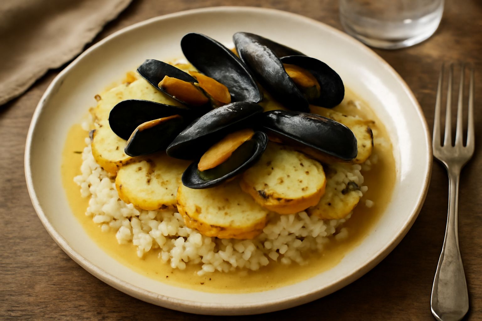 Piatto di cozze alla tiella con riso bianco, patate dorate, cozze nere aperte e brodino trasparente, guarnito con prezzemolo fresco e servito in un piatto fondo bianco
