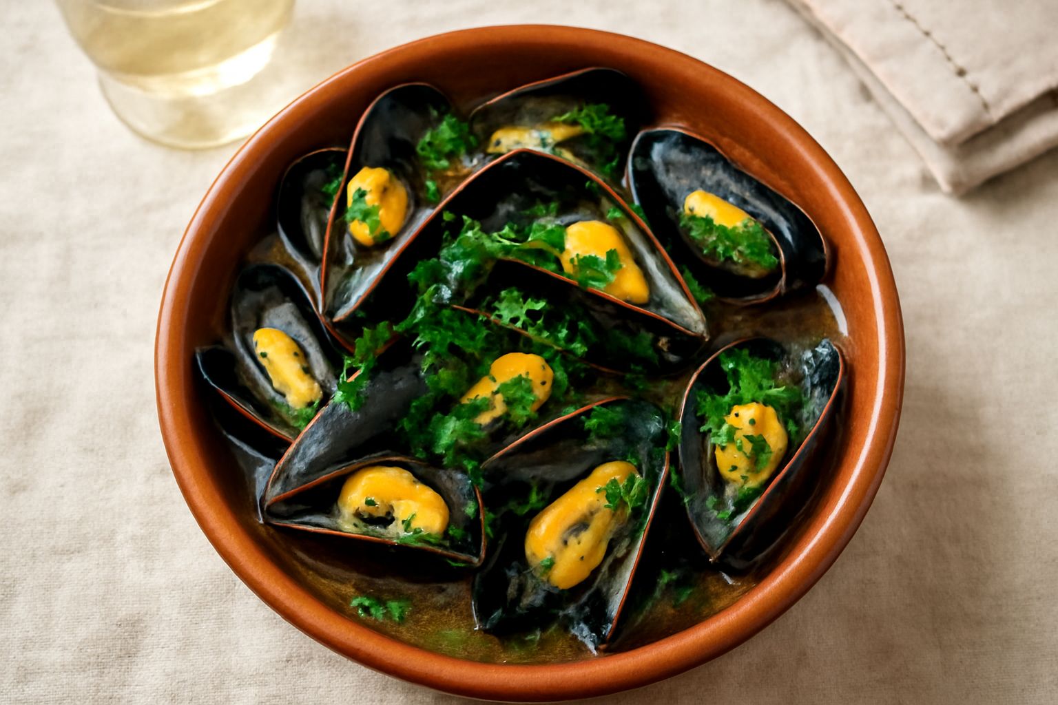 Cozze nere aperte nel loro guscio dentro una pentola di terracotta, con brodo trasparente ambrato, petali di prezzemolo verde fresco sparsi in superficie, vapore che sale dalla pentola