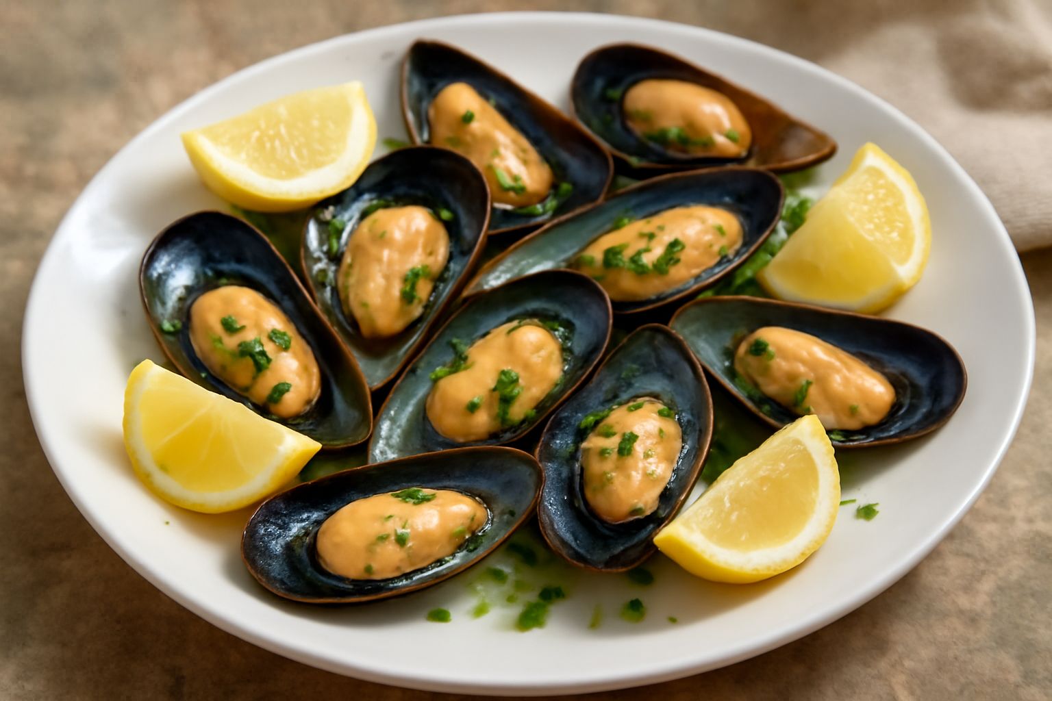 Cozze nere aperte in un piatto bianco con olio d'oliva lucido, prezzemolo verde tritato e spicchi di limone giallo, servite a temperatura ambiente su tavolo di legno