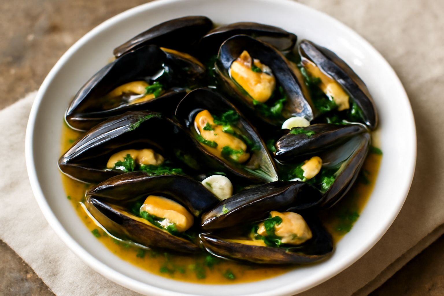 Cozze nere aperte fumanti in un piatto fondo bianco con brodo di vino bianco e aglio, prezzemolo verde fresco spolverato sopra, servite con una fetta di pane tostato a lato