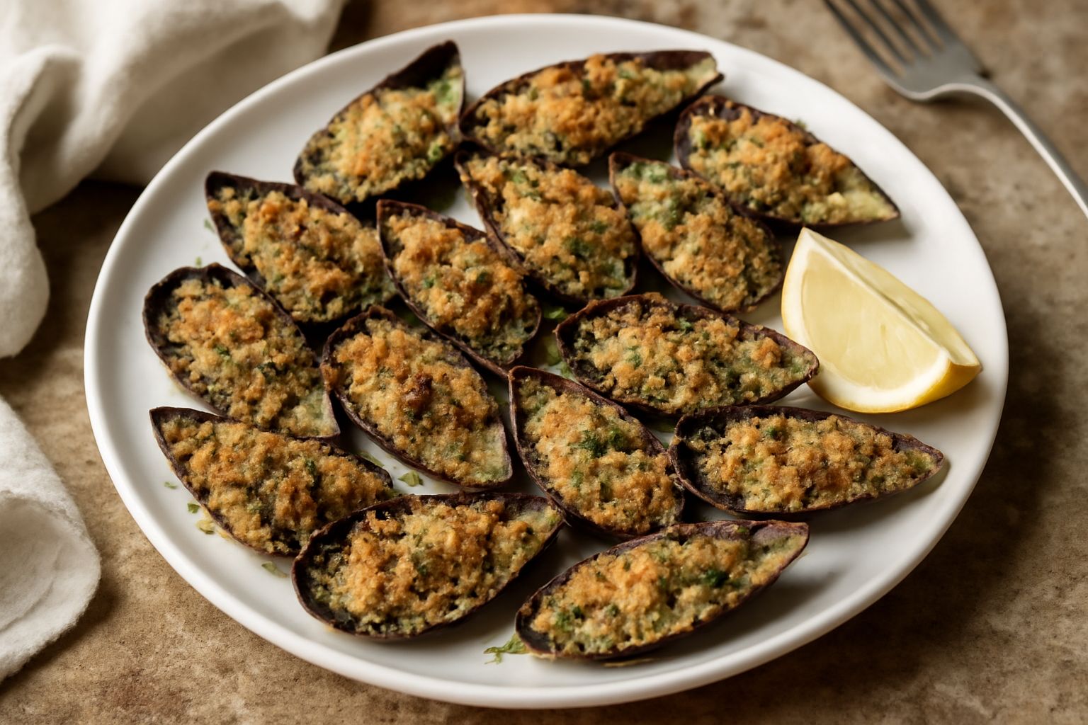 Cozze nere aperte ripiene di pangrattato dorato con prezzemolo verde su una teglia da forno bianca, ancora fumanti appena tolte dal calore