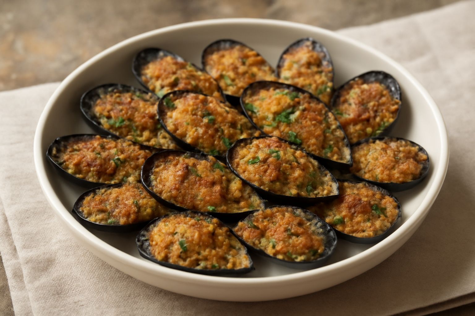 Cozze grigio-nere aperte riempite di pangrattato dorato, prezzemolo fresco verde, servite fredde in un piatto bianco con limone a spicchi e prezzemolo decorativo ai lati