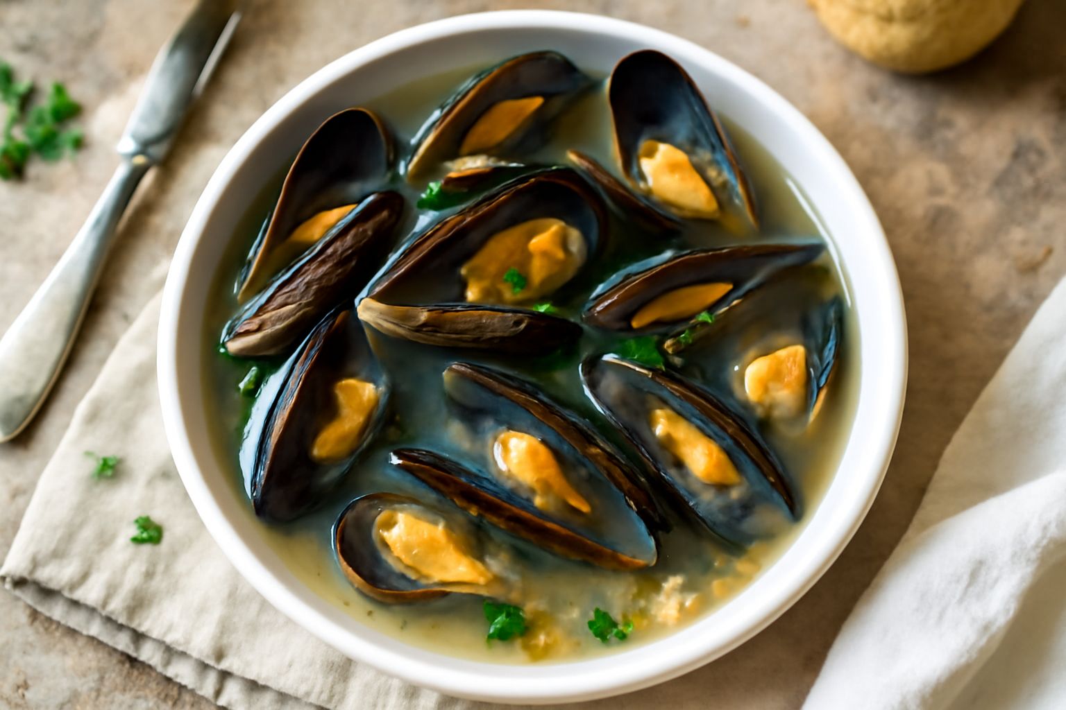 Cozze aperte di colore blu scuro e arancione disposte in una ciotola bianca con brodo trasparente, aglio affettato e prezzemolo verde, accompagnate da una fetta di pane tostato