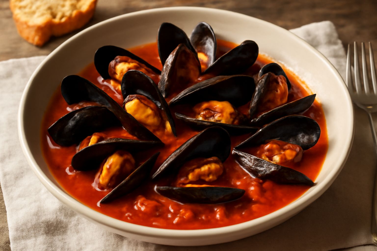 Piatto di cozze aperte in umido con sugo di pomodoro rosso, aglio e prezzemolo fresco verde, servite in una ciotola bianca fonda