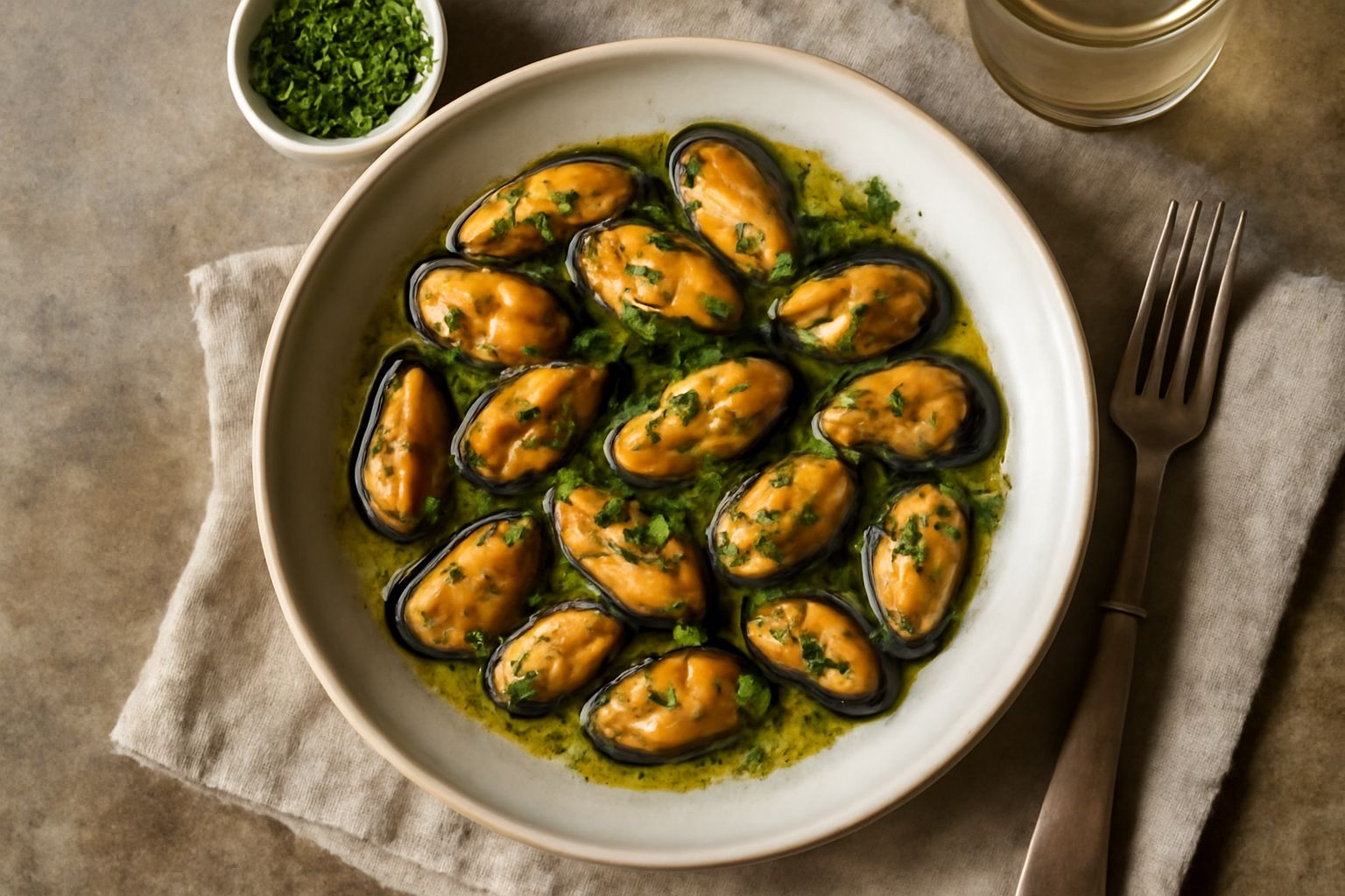 Cozze nere marinate in una ciotola di vetro con aceto, olio dorato, spicchi d aglio e prezzemolo fresco tritato su sfondo bianco