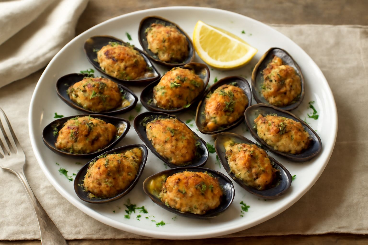 Cozze ripiene dorate in pirofila, ricoperte di pangrattato dorato, con gocce di olio d oliva e prezzemolo tritato fresco visibile in primo piano