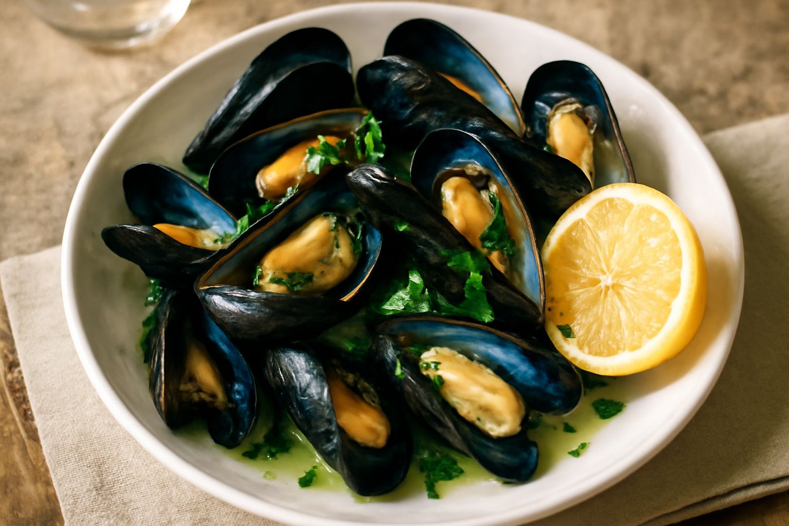 Cozze nere aperte su piatto bianco con prezzemolo fresco, limone affettato e gocce di condimento, su fondo di legno grigio con vapore ancora visibile