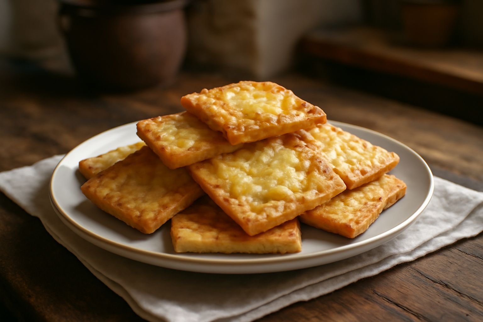 Cracker quadrati croccanti al formaggio appena sfornati su una carta da forno, con superficie dorata e puntini di parmigiano visibili, accanto a un piatto con formaggio grattugiato