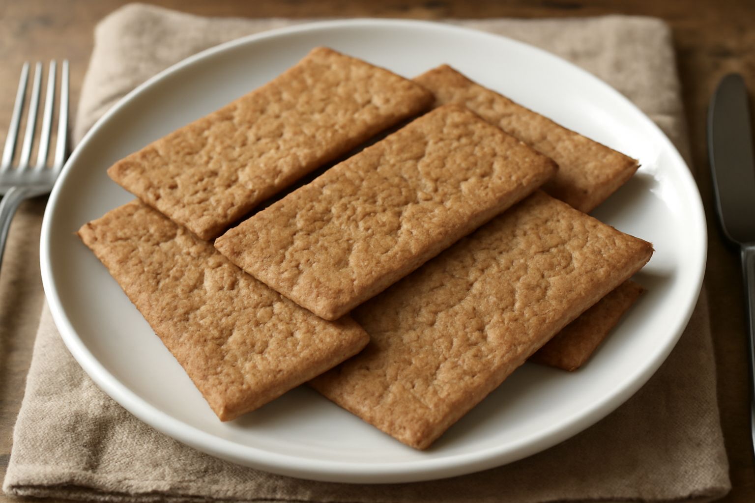 Cracker integrali rettangolari, dorati e croccanti, disposti su un piatto di ceramica bianca. Superficie ruvida e uniforme, qualche seme di sesamo visibile. Sfondo neutro con una manciata di semi di g