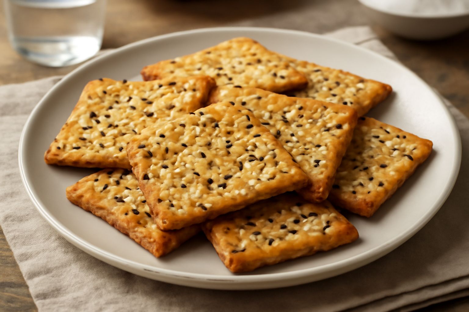 Crackers dorati e quadrati con semi di sesamo visibili, disposti su un tavolo bianco accanto a olio d'oliva e un piattino con sale marino