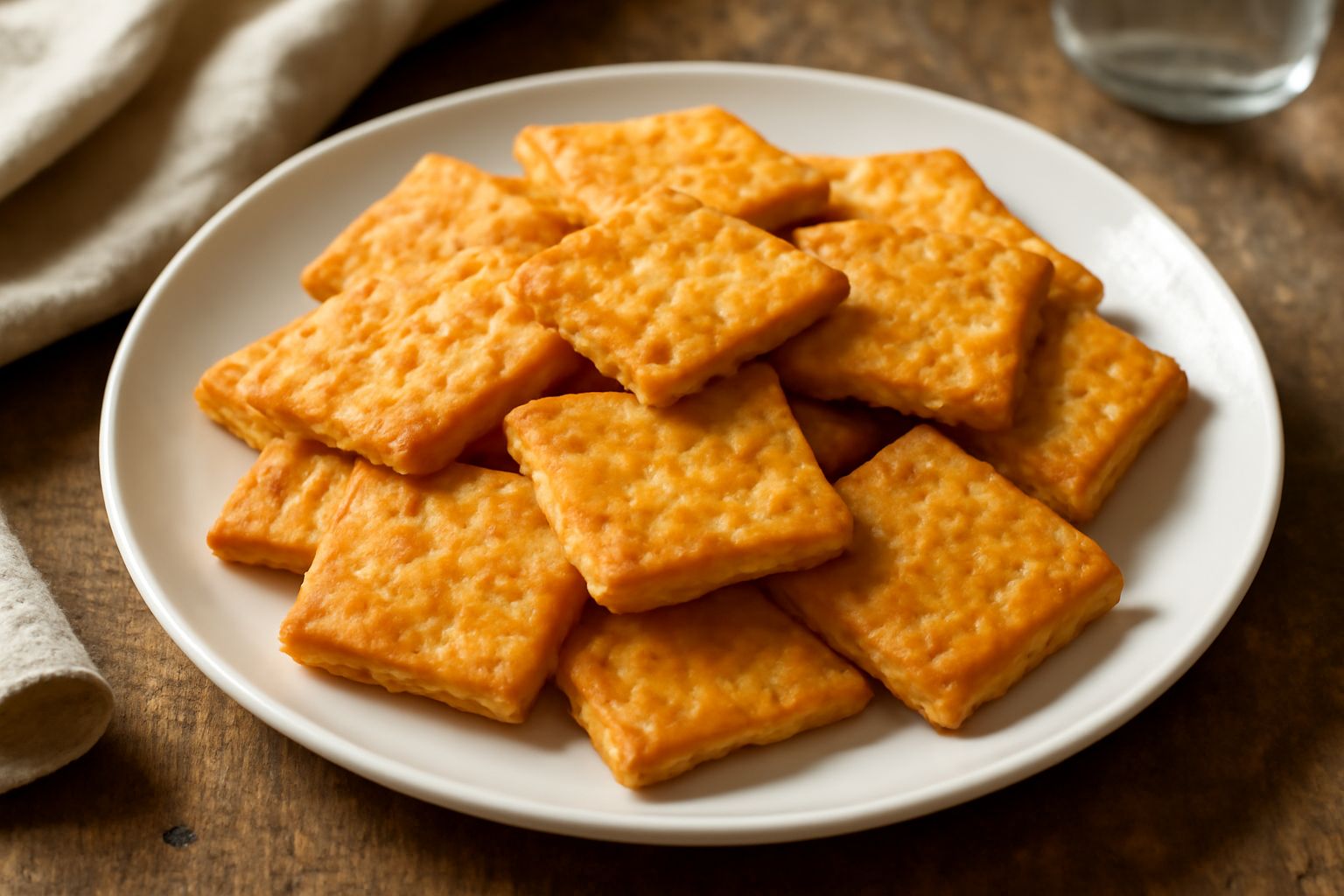 Crackers quadrati e dorati al formaggio, appena sfornati, impilati su un piatto bianco con una striatura di pepe nero visibile sulla superficie. Accanto, una piccola ciotola di formaggio grattugiato e