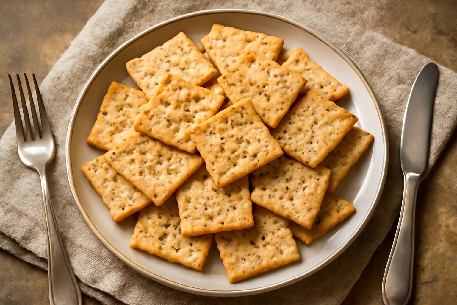 Crackers quadrati al pepe nero appena sfornati, croccanti e dorati, disposti su un piatto bianco con grani di pepe visibili in primo piano