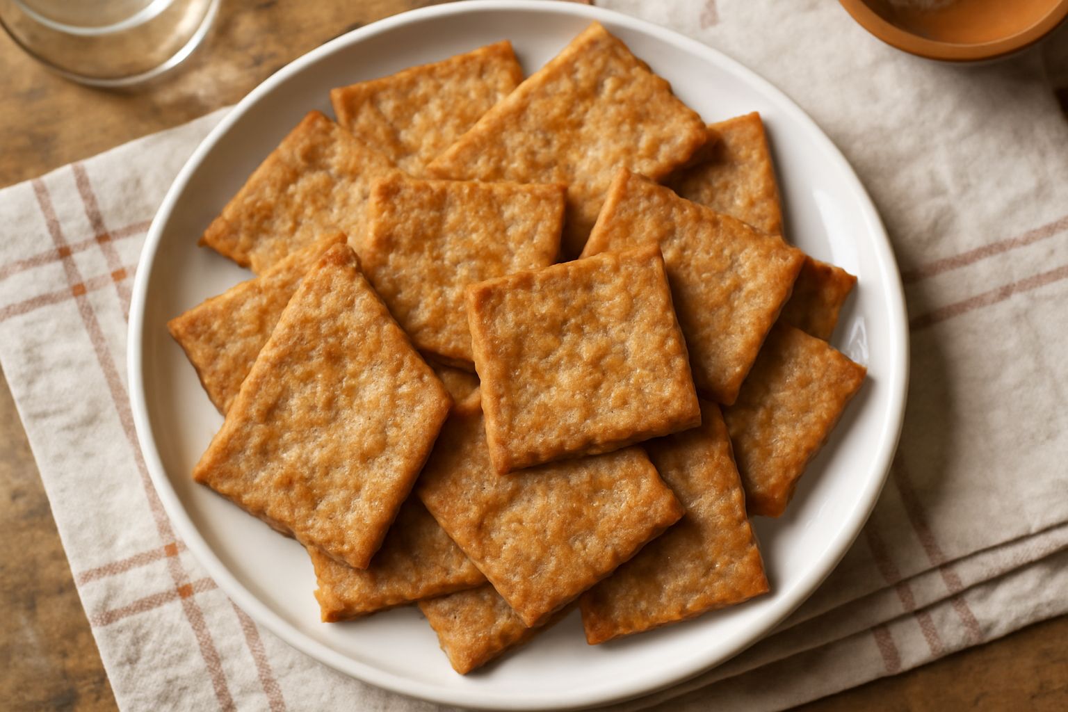 Crackers quadrati di colore marrone dorato disposti a ventaglio su un piatto bianco, superficie leggermente ruvida e ricca di cristalli di sale grosso, sfondo neutro grigio