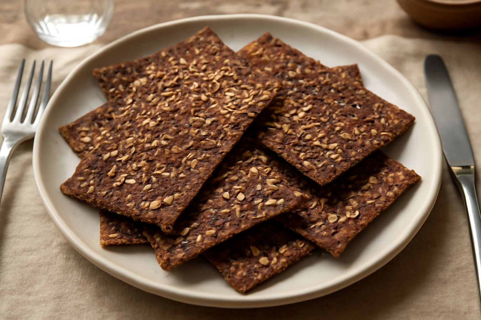 Crackers rettangolari di colore marrone scuro con semi neri sparsi sulla superficie, disposti su un piatto bianco accanto a un bicchiere d'acqua. Texture irregolare e spigolosa, leggermente dorati ai 