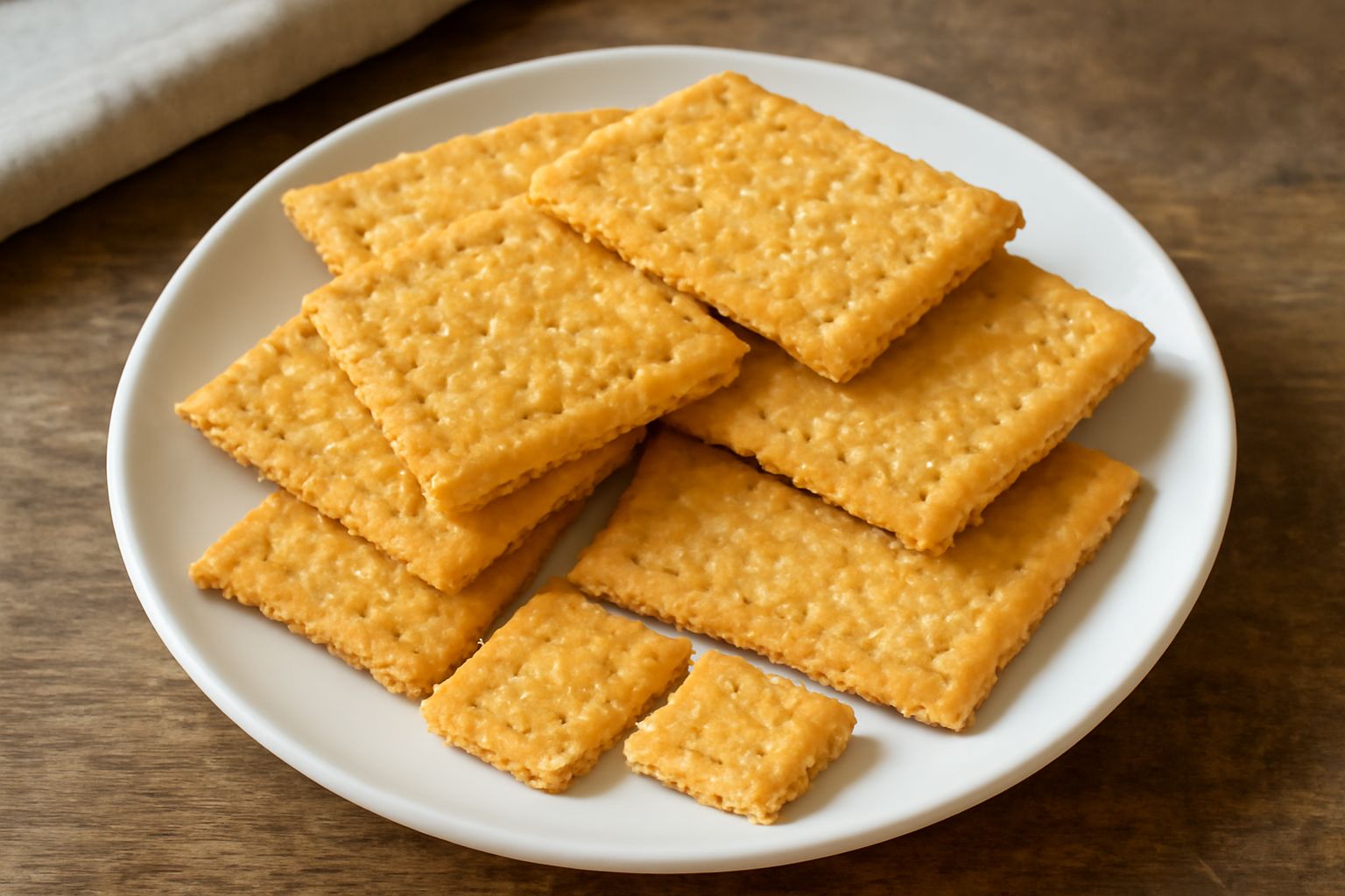 Crackers rettangolari color oro, leggermente salati in superficie, allineati su un piatto bianco, con alcuni spezzati a mostrare la consistenza friabile interna