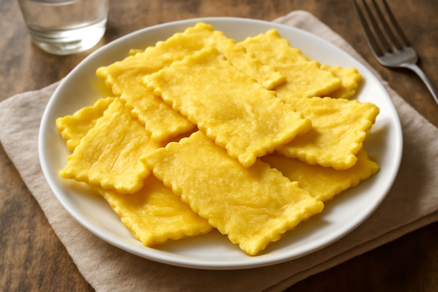 Crackers di semola pavese dorati e croccanti con forma ondulata, disposti su un piatto bianco, colore giallo paglierino e superficie leggermente brillante