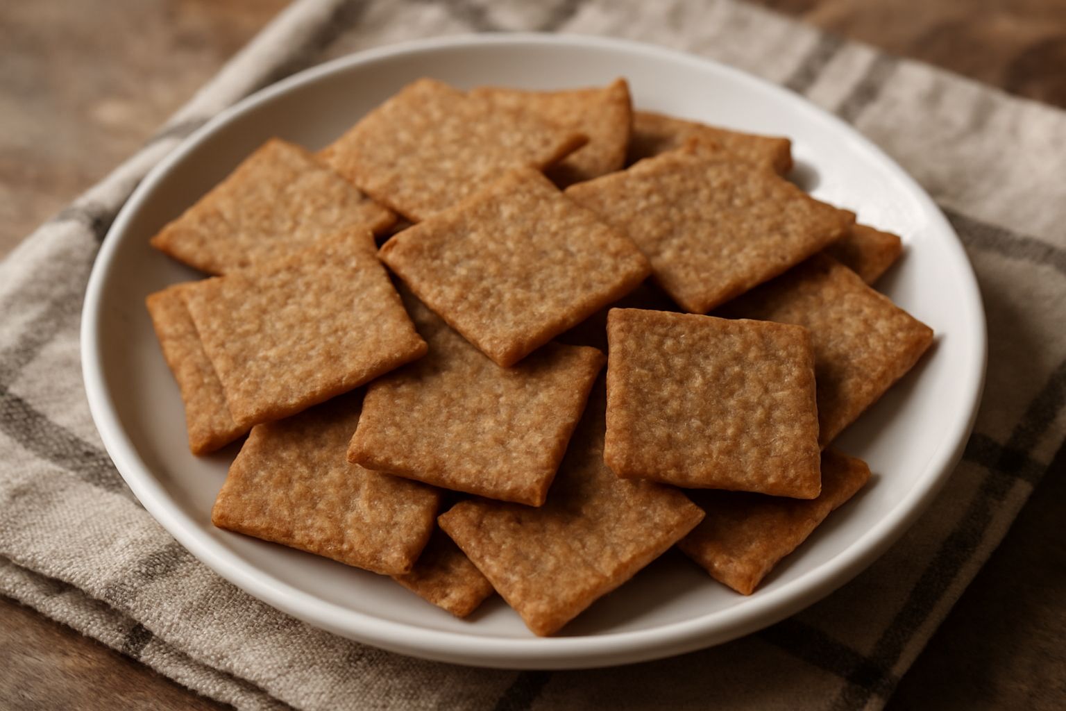 Crackers integrali quadrati e rettangolari, color marrone dorato, croccanti e leggermente salati, disposti su un piatto di ceramica bianca con alcune briciole visibili