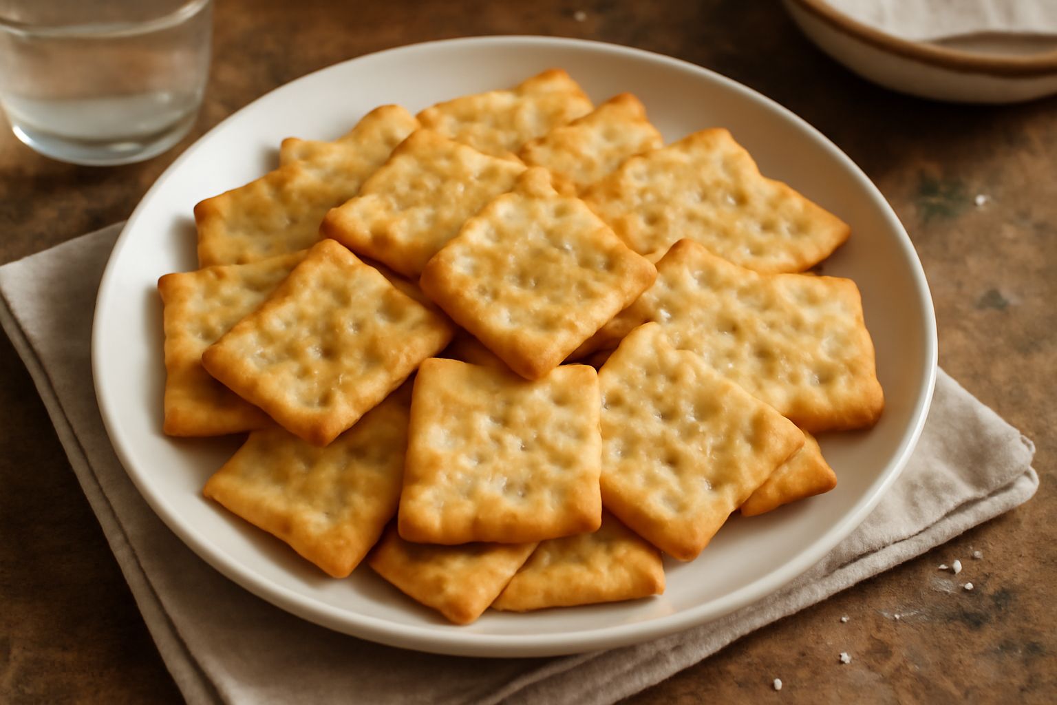 Crackers quadrati dorati e croccanti disposti su un piatto bianco, leggermente ondulati in superficie, con granelli di sale grosso visibili e una leggera doratura uniforme
